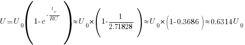 U=U_0(1-e^{-t_c/{RC}})approx{U_0*(1-1/2.71828)}approx{U_0*(1-0.3686)}approx{0.6314U_0}